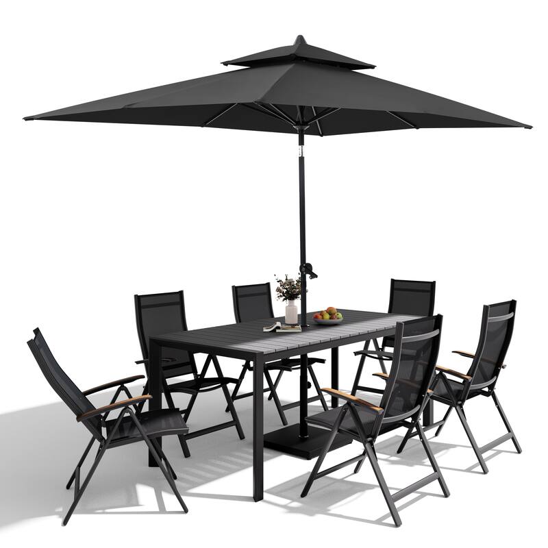 9-Piece Outdoor Patio Dining Set Wood Like Aluminum Umbrella Hole Table with Folding Chairs, Market Umbrella and Base