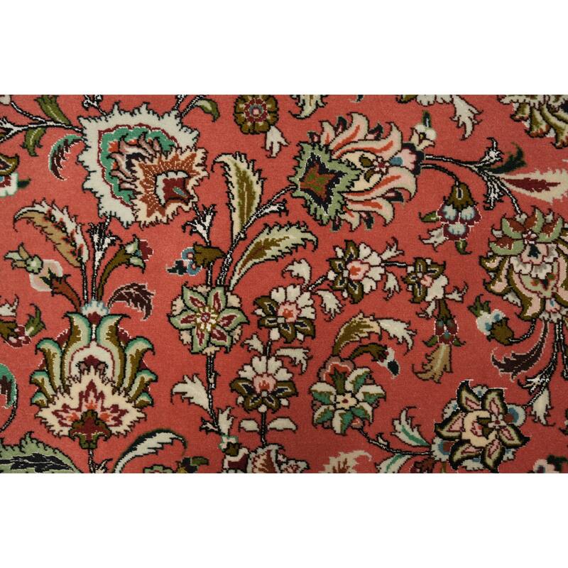 Hand Knotted Oriental Wool & Silk Carpet Traditional Floral Red Tabriz Area Rug - 13' 0'' X 9' 10''