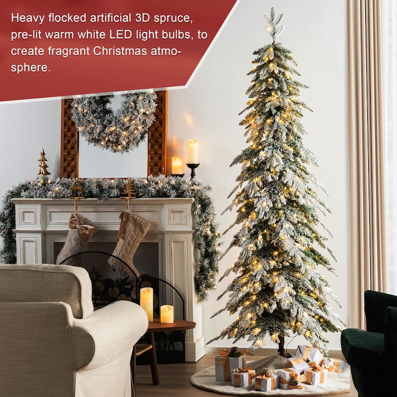 Glitzhome Snow-Flocked Chicago Frostwood Spruce Pre-Lit Artificial Christmas Trees-7.5/9/11 Foot