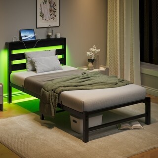 Twin Size Platform Bed Frame with USB Charging, LED Lights, Strong Steel Slats, No Box Spring Needed, Noise-Free, Black