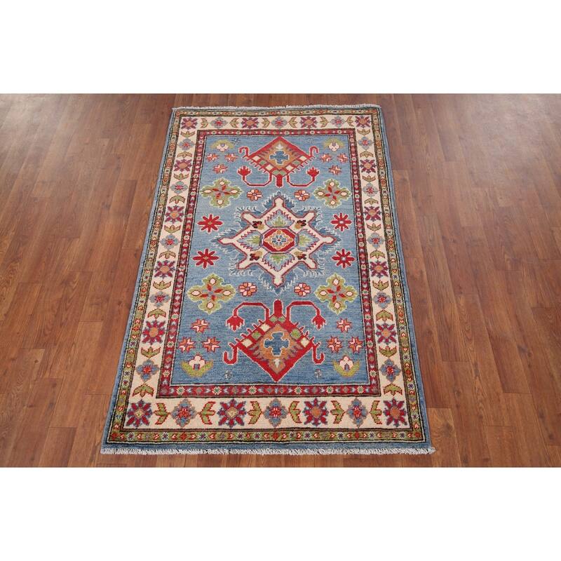 Light Blue Kazak Accent Rug Handmade Wool Carpet - 3'3" x 5'1"