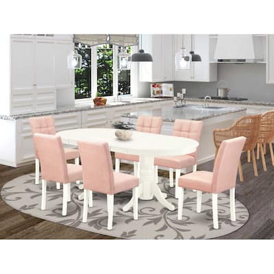 Oval Dining Table Set with 6 Chairs - Linen White Kitchen Table & Chair Set - Modern Asian Style