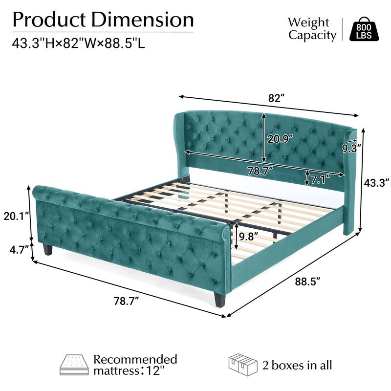 Christopher Knight Home - Amara Traditional Velvet Upholstered Sleigh Bed with Wingback Headboard & Scroll Footboard, King Size