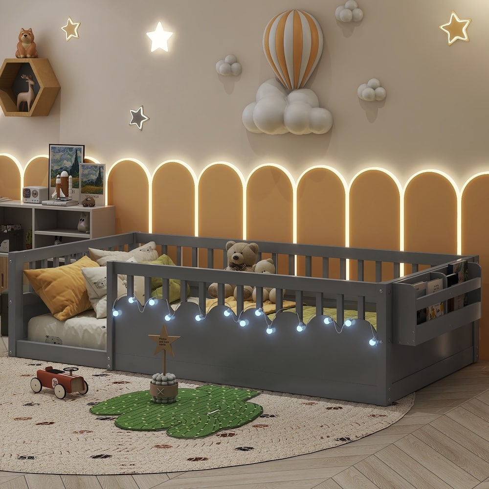 Montessori Floor Bed Frame with High Rails, Wood Toddler Floor Bedframe with Light and Headboard Storage Shelf for Kids Room