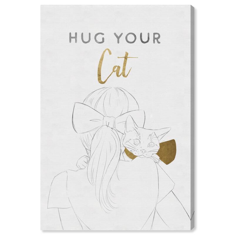 Wynwood Studio Canvas Fashion and Glam Hug Your Cat White and Metallic Gold Modern & Contemporary Wall Art Canvas Print