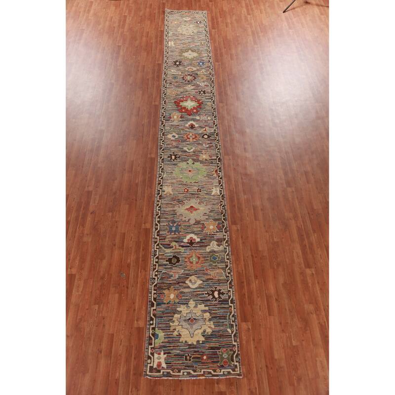 Handmade Vegetable Dye Oushak Turkish Runner Rug Floral Wool Carpet - 2'6" x 19'11"