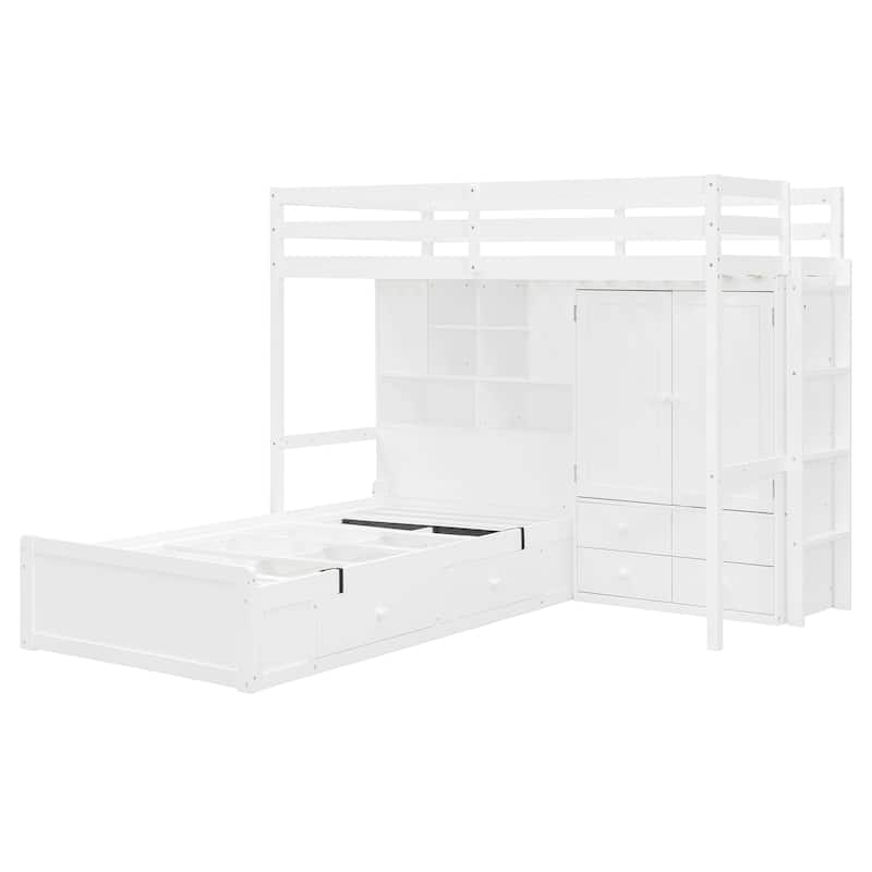L-shaped Bunk Bed Twin Over Twin with Side Wardrobe and Under Drawers, Down Hydraulic Bed with Storage Shelves for Bedroom