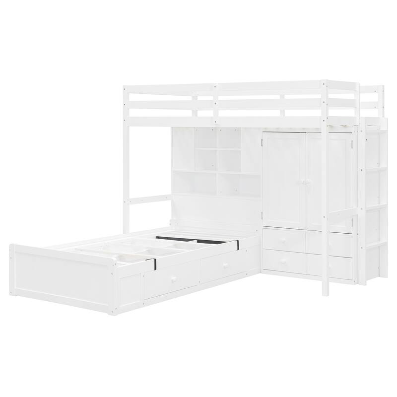 White Twin Bunk Bed with Drawers, Wardrobe, Storage Shelves, and Hydraulic Lift