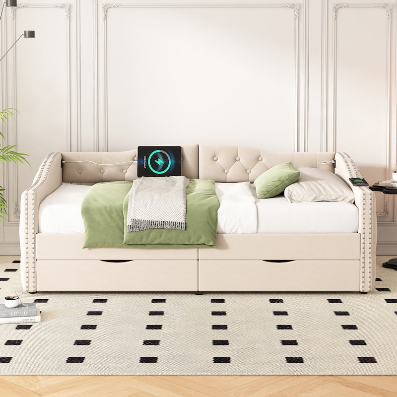 Upholstered Daybed with Storage Drawers, Twin Size Wood Daybed - No Box Spring Needed