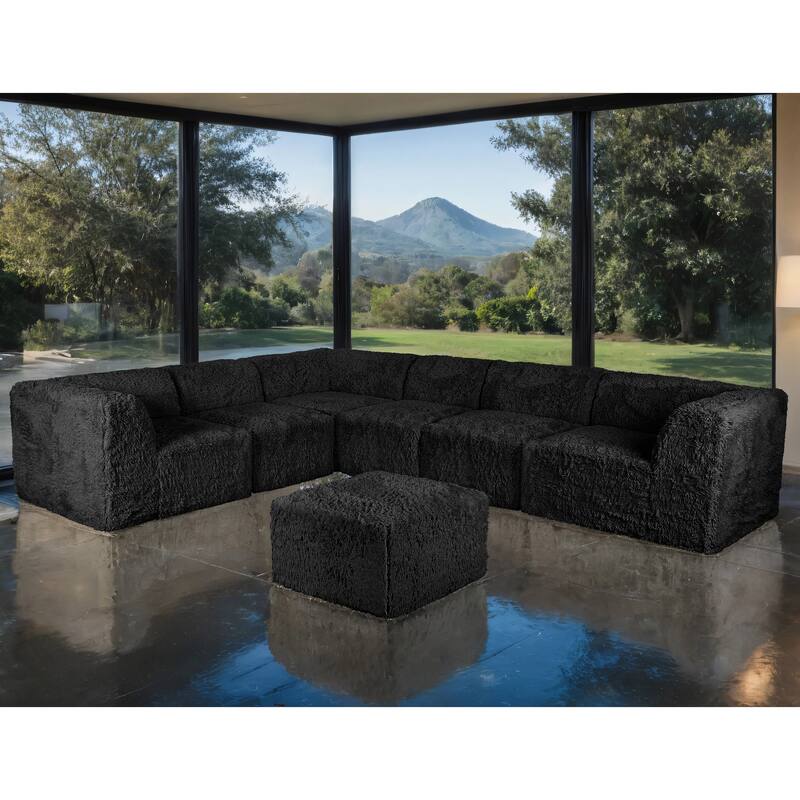Furniture of America Ylena Modern 7-Piece Faux Fur Foam Modular Compressed Sectional Sofa with Ottoman - Black