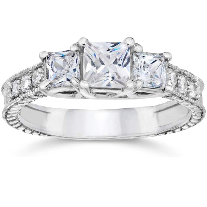 1 1/4ct Vintage Three Stone Princess Cut Diamond Engagement Ring White Gold