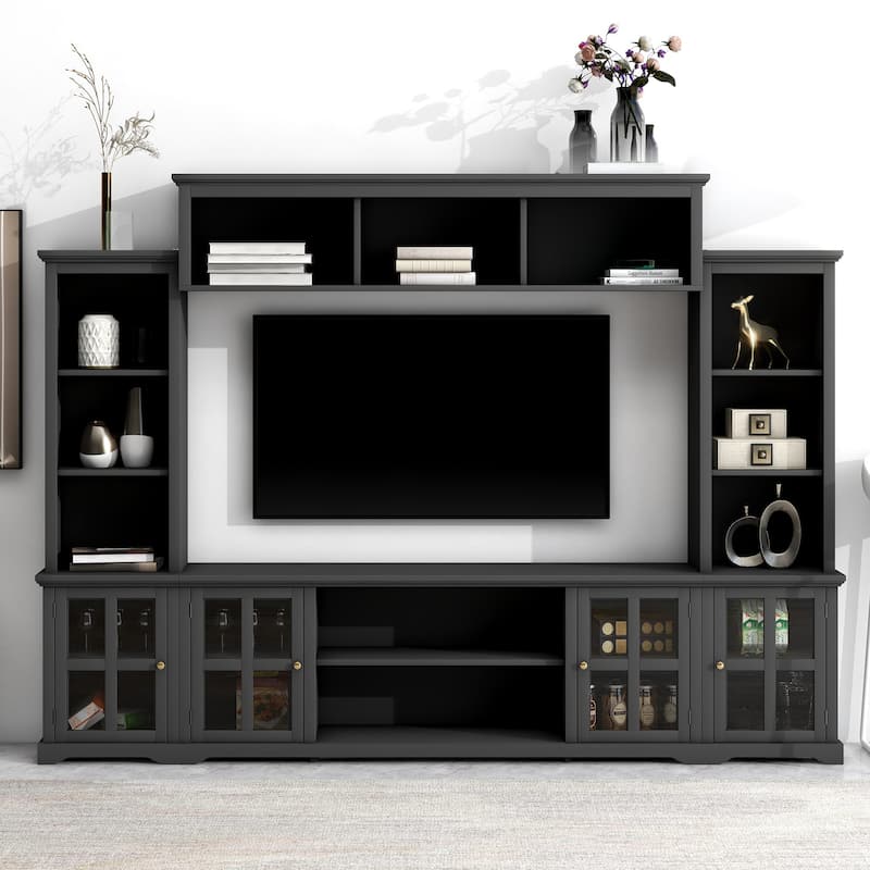 Entertainment Wall Unit with Bridge, Tempered Glass Doors for TVs Up to 70"