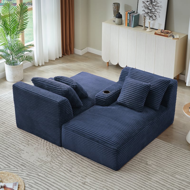Compressible Double Chaise Lounge With Cupholders - No Assembly Required, Fluffy Modern Sleeper Loveseat