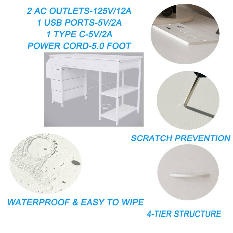 47" Computer Desk With Power Outlet,Writing Desk,Home Office desk,Vanity table with 7 Fabric Drawers, Large Side Pocket,White