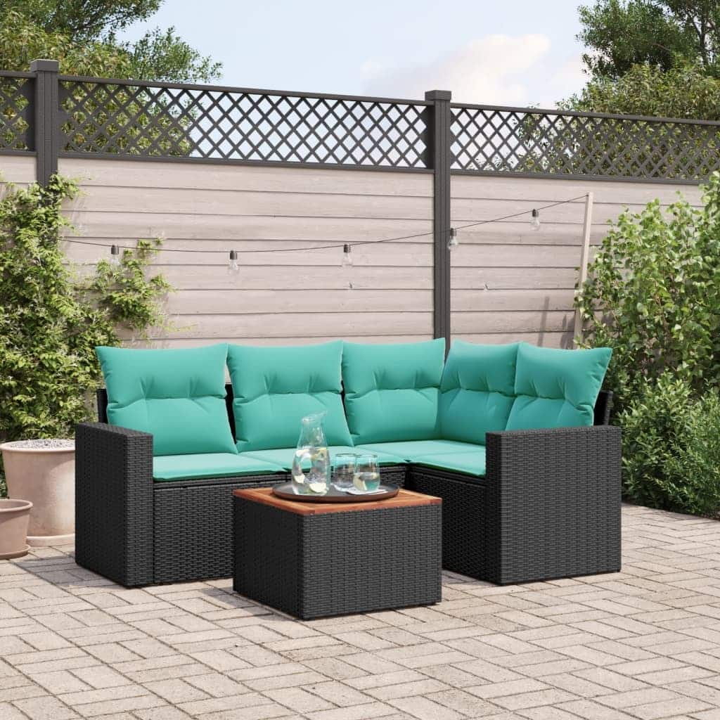 vidaXL 5 Piece Patio Sofa Set with Cushions Black Poly Rattan - 24.4 x 24.4 x 27.2