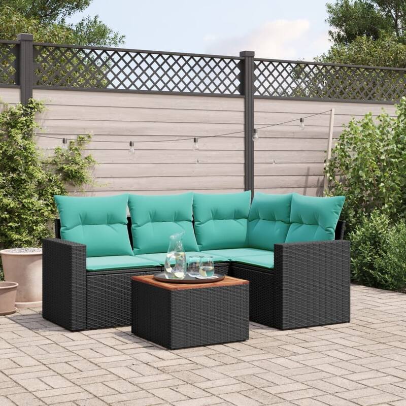 vidaXL 5 Piece Patio Sofa Set with Cushions Black Poly Rattan - 24.4 x 24.4 x 27.2