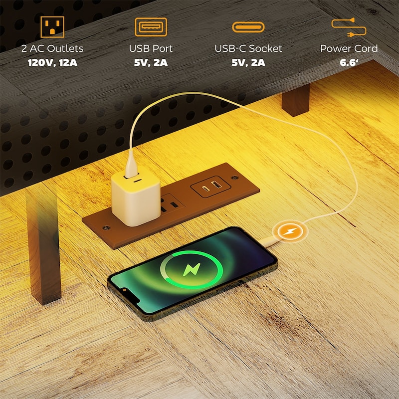 Shaped Desk with RGB LED Light USB Charging Ports Ergonomic Monitor Stands and Storage Shelves Sturdy Corner Office Workstation