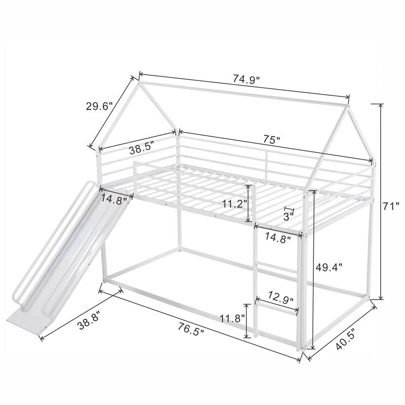 Twin Metal House Bunk Bed with Ladder, Slide, and Guardrails