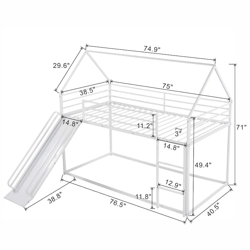 Twin over Twin House Bunk Bed with Ladder and Slide, White