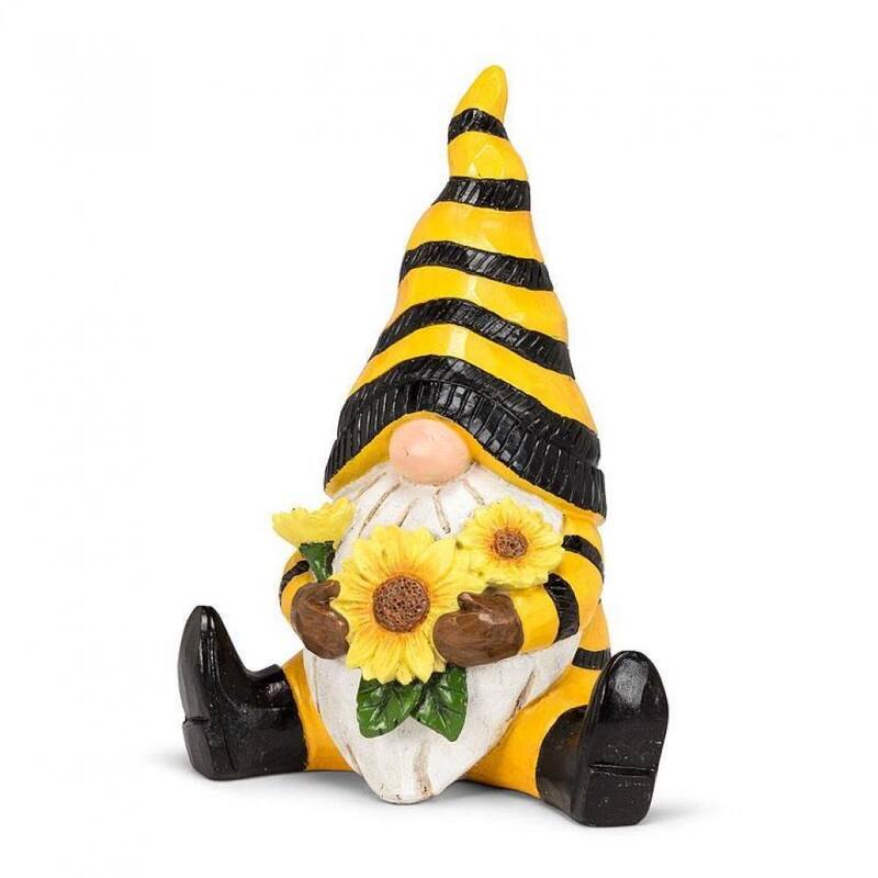 Sitting Bee Patterned Hat Gnome Holding Sunflowers Figurine