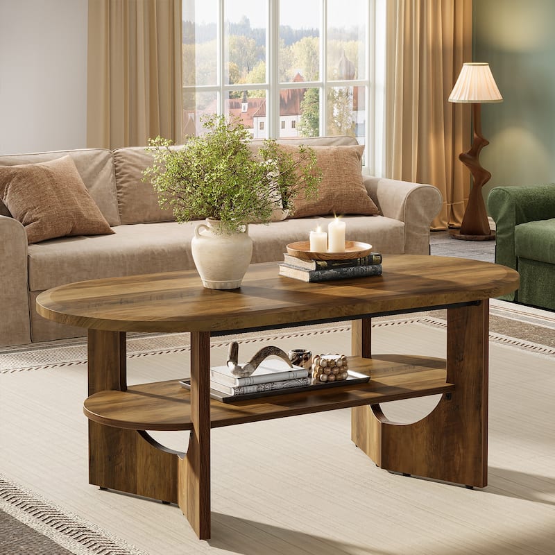 47.24" Farmhouse Wooden Oval Center Coffee Table with Storage - Brown
