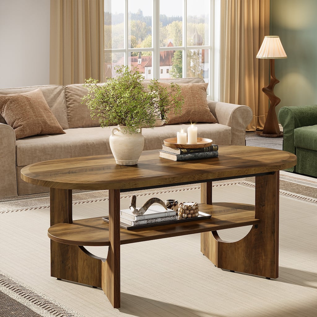47" Farmhouse Wooden Oval Coffee Center Table with Storage