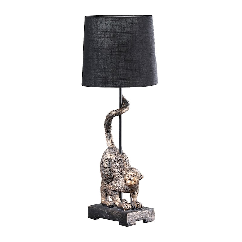 Ree 24 Inch Accent Table Lamp, Monkey Resin Sculpture, Drum Shade, Bronze