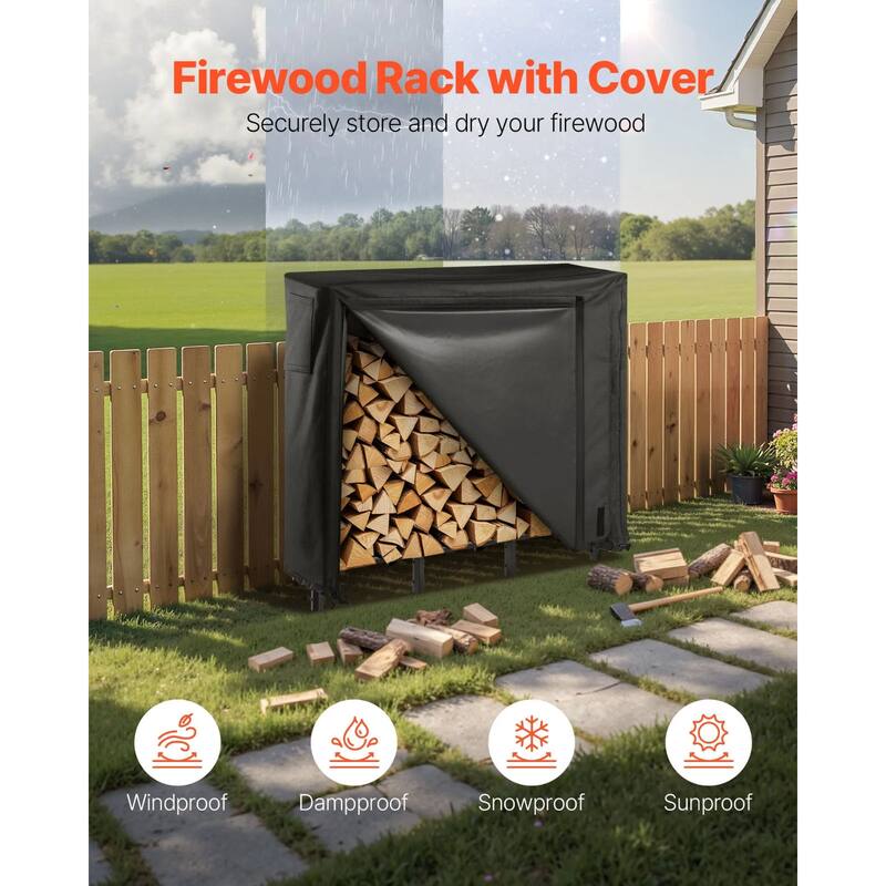 Black Steel Firewood Storage Rack with Full Coverage 600D Oxford Fabric Protective Cover - 48.03 × 12.60 × 46.46 in