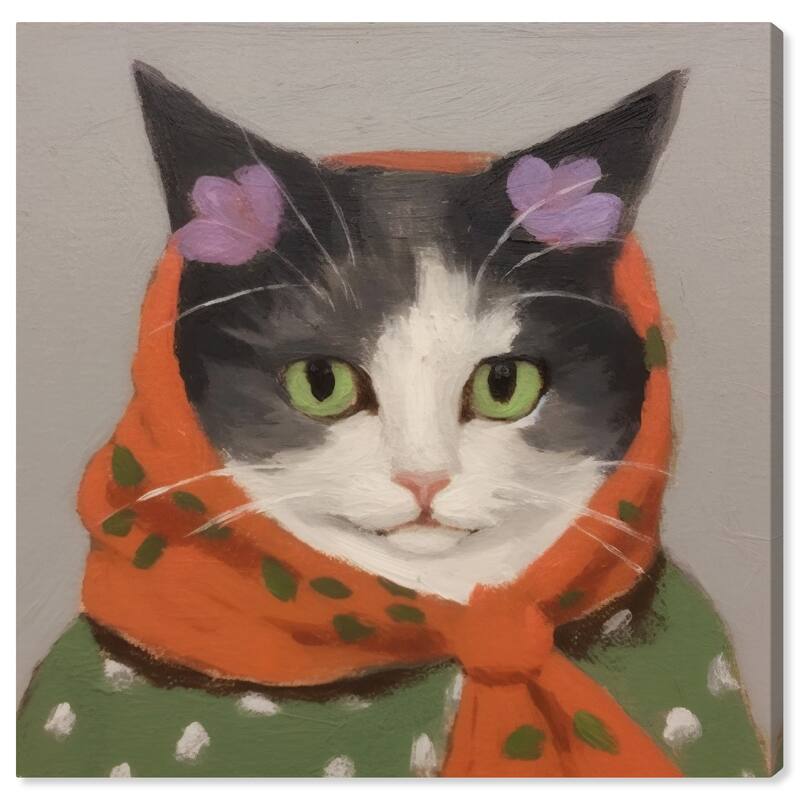 Wynwood Studio Canvas Animals Gatita s Headscarf Orange and Army Green Bohemian & Eclectic Wall Art Canvas Print