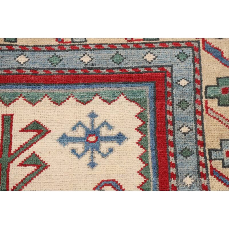 Ivory Geometric Kazak Accent Rug Hand-Knotted Wool Carpet - 3'5" x 5'0"