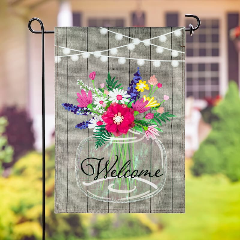 Mason Jar and Lights Garden Burlap Flag