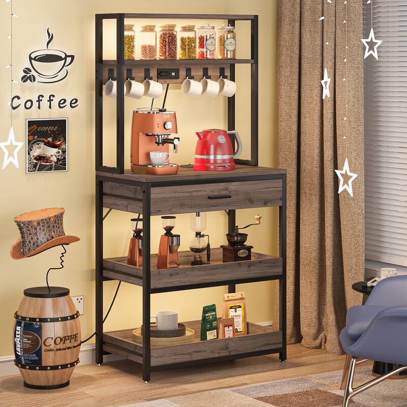 5-Tier Kitchen Bakers Rack with 4 Power & USB Outlets, Microwave Stand with Drawers and Shelves