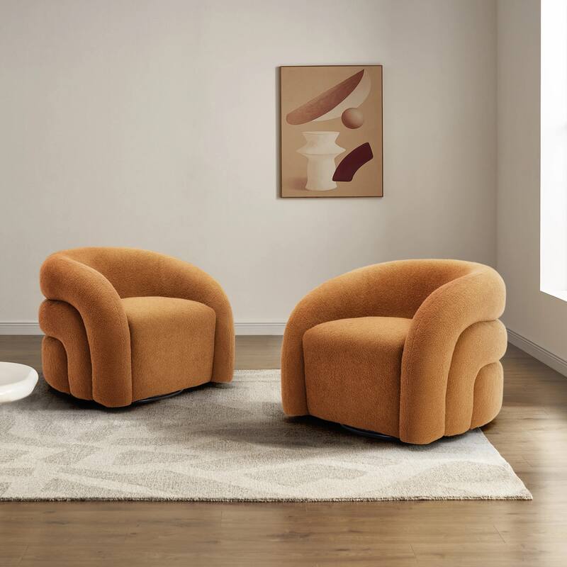 Set of 2 Boucle Upholstered Swivel Accent Barrel Chairs - Rust Orange