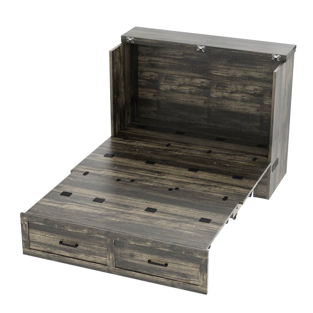 Full-Size Murphy Bed Cabinet with Charging Station, Foldable Platform Bed