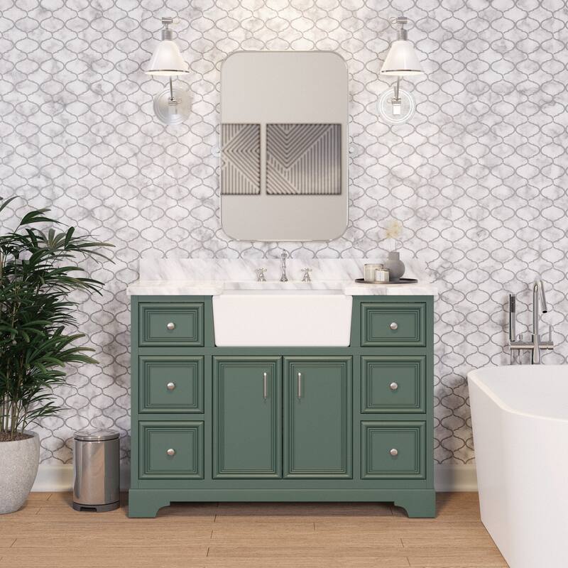 KitchenBathCollection Zelda 48" Farmhouse Bathroom Vanity with Carrara Marble Top - Sage Green