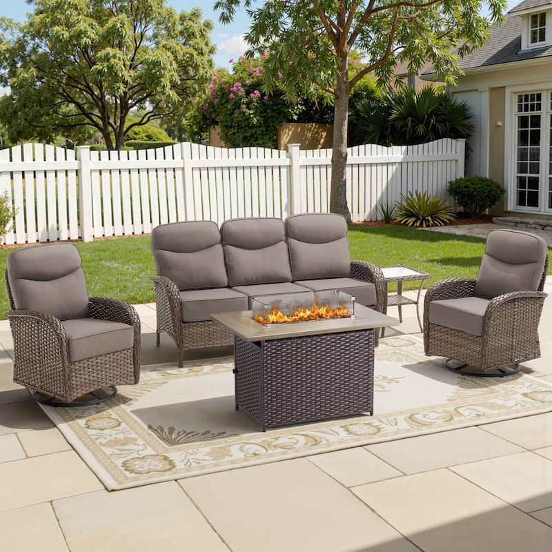 Meyreso 5-Piece Wicker Outdoor Patio Fire Pit Sofa Set with 6-Inch Thick Cushions