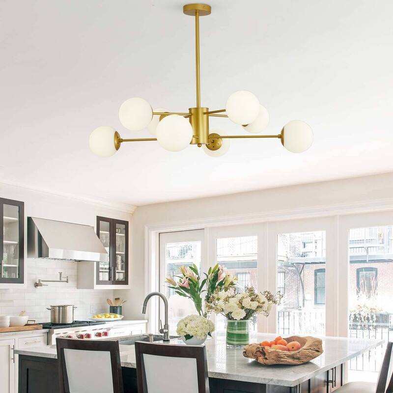 Modern Gold Sputnik Chandelier With Clear Glass Shades For Dining Room, Living Room, Or Kitchen - 8 Lights