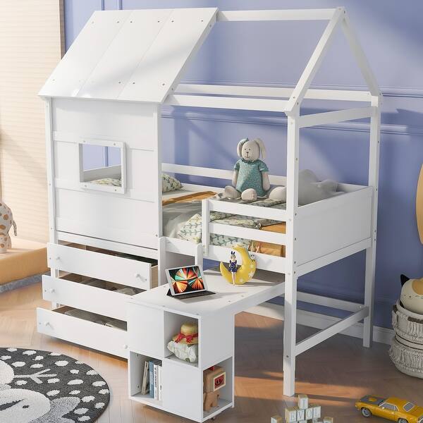 slide 2 of 16, Twin Size House Loft Bed with Pullable Desk and Storage Drawers White