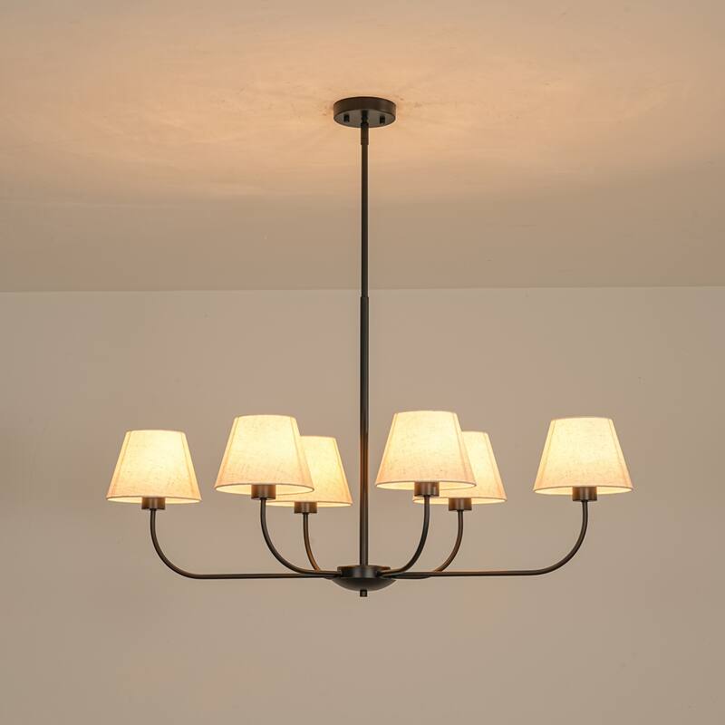39.37 in. 6-Light Modern Farmhouse Sputnik Black Linear Chandelier with Linen Fabric Shades