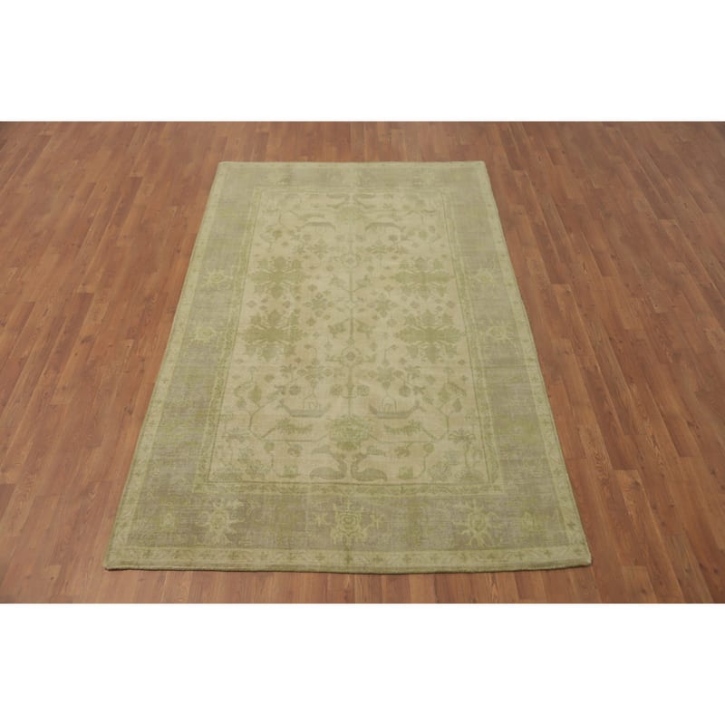 Hand-knotted Transitional Silk Carpet Beige Oushak Rug Floral Oriental Area Rug - 8' 0'' X 5' 0''