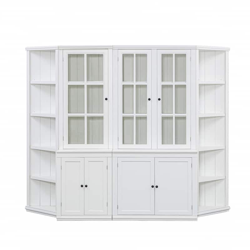 Roomfitters 75.25'' Display Cabinet with Glass Doors and Two Triangle Bookshelves, Retro Wall Storage Unit for Living Room