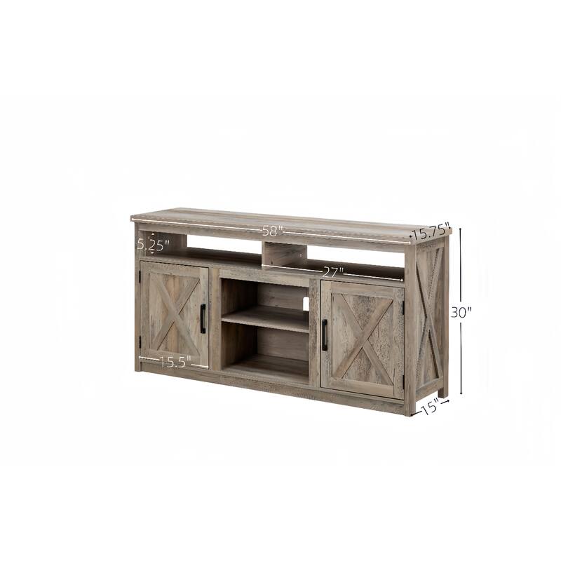 Farmhouse TV Stand, for TV up to 65" with X-Shaped Barn Door, Open and Closed Storage Space, for Living Room