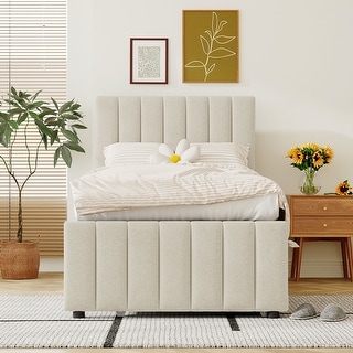 Twin Size Linen Fabric Upholstered Platform Bed with Trundle & 3 ...