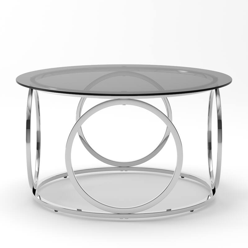31.5" Modern Round Glass Top Coffee Table with Circular Metal Frame