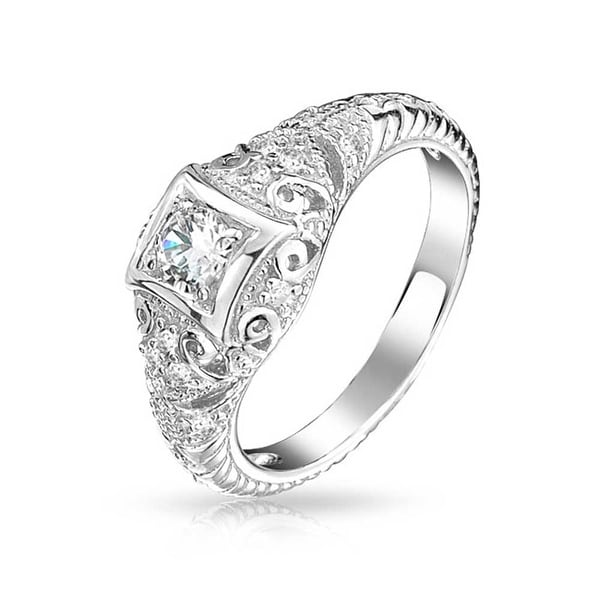Bling Jewelry .925 Silver Vintage Art Deco Style CZ Solitaire Milgrain Engagement Ring