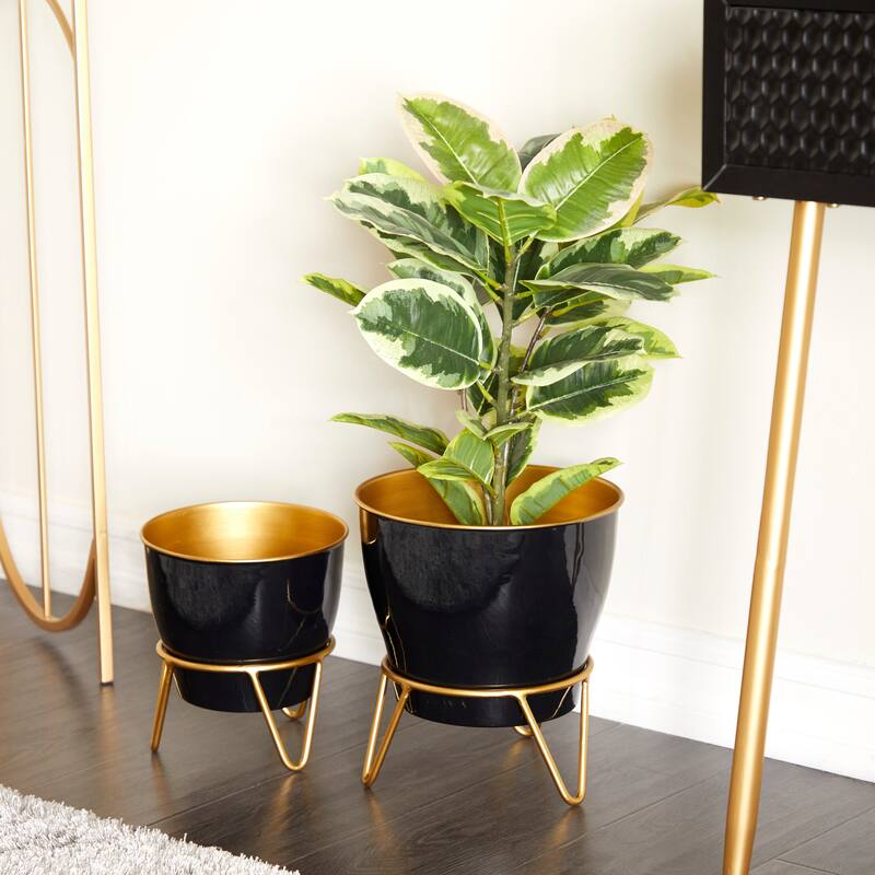 White Metal Planter with Removable Stand (Set of 2) - Blue, Pink, Black or White - 11", 9"H - Black