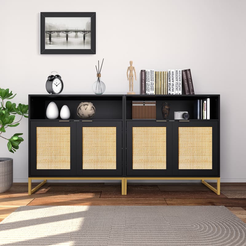 Anmytek Black Rattan Buffet Sideboard Storage Cabinet with 2 Doors