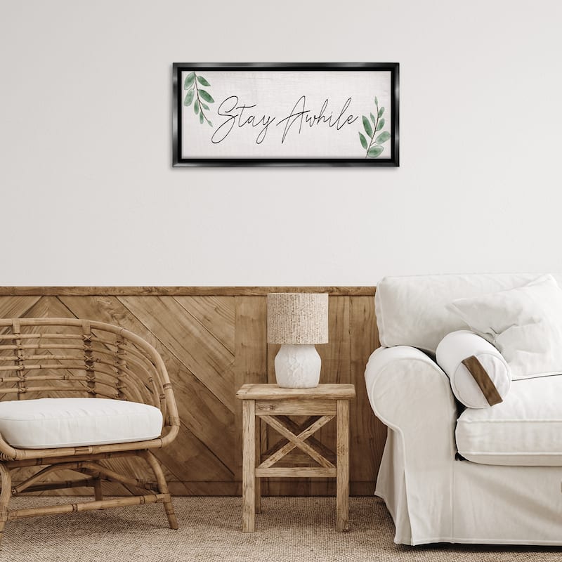 Stupell Stay Awhile with Plant Sprigs Framed Floater Canvas Wall Art Design By Lil' Rue