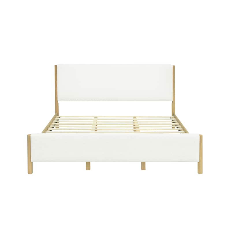 Boucle Upholstered Bed with Rubberwood Legs, Modern Platform Bed with Headboard, Queen/King Scandinavian Bed Frame for Bedroom