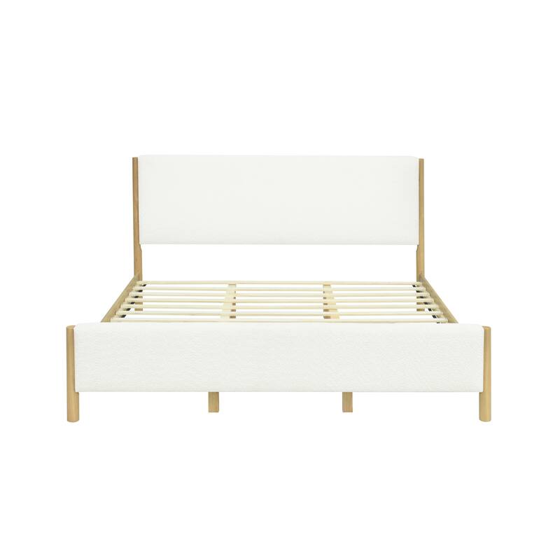 Queen / King Modern White Boucle Upholstered Bed with Rubberwood Legs